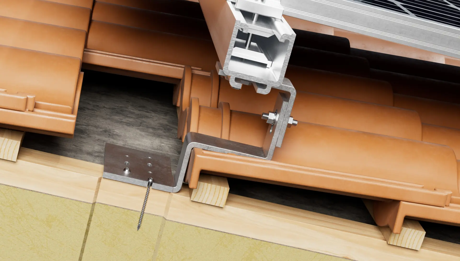 Spezialschraube mit T-FAST Plus Technologie zur Befestigung von Solardachhaken auf Pfannendächern