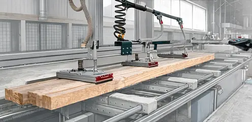 Teilautomatisierte Balkenzufuhr mit Vakuum-Portal und Kranbahn (Praxisbeispiel)
